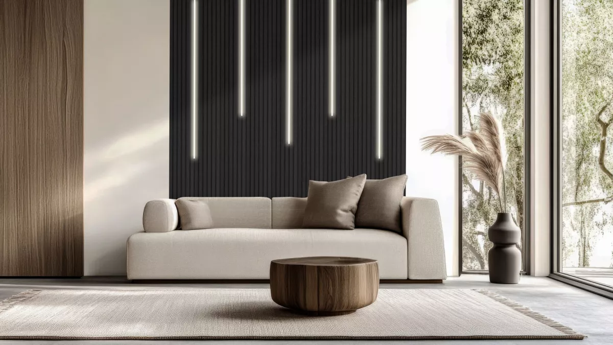 Schwarze Schallabsorber Wand COVERZ von LAUTLOZ living mit Beleuchtung in einem modernen Wohnzimmer